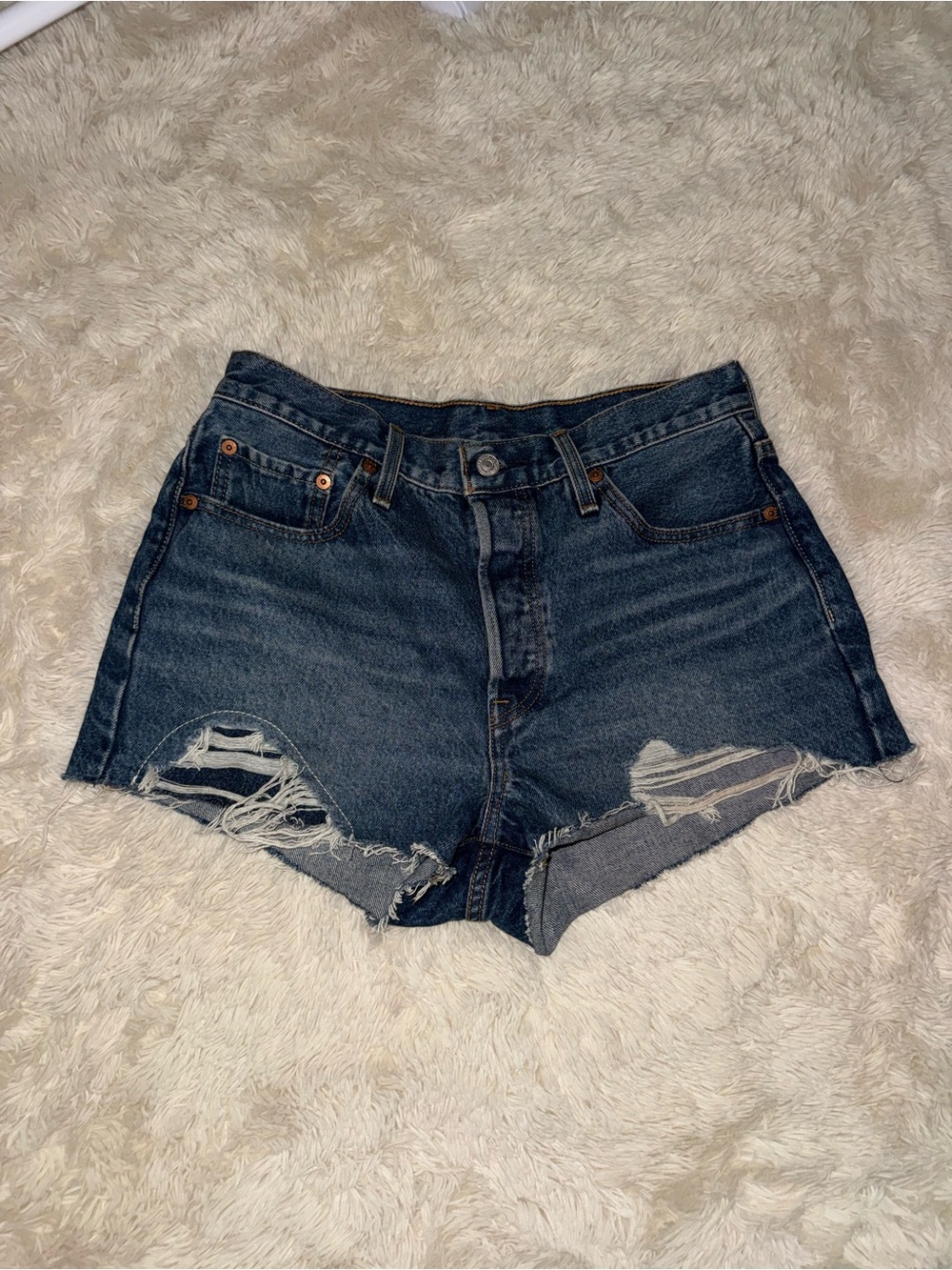 Levi's Dark Blue Distressed High-Rise Jean Shorts